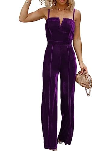 BLENCOT Sleeveless Velvet Jumpsuits For Women V Neck Spaghetti Straps Wide Leg Long Pants Dressy Rompers Winter Overalls Purple Medium - Image 1