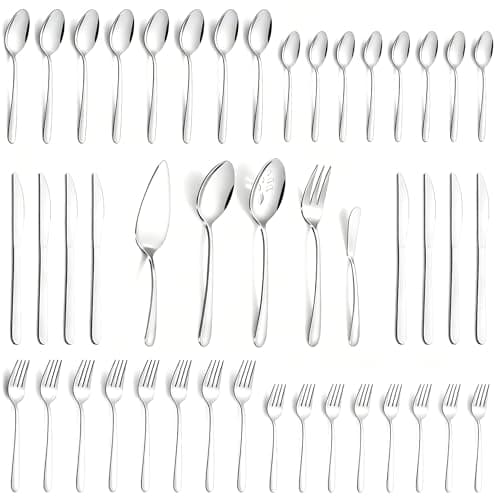 Pleafind Stainless Steel Silverware Set - 45 Piece Flatware Set for 8 People, Including 5 Serving Utensils, Forks, Spoons, Knives, Mirror Polished Flatware for Home, Restaurant, Dishwasher Safe - Image 1