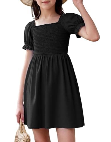 JiAmy Little Girls Summer Ruffled Puff Sleeves Dress Kids Square Neck Smocked Midi Casual Dresses Black 5-6 Years - Image 1
