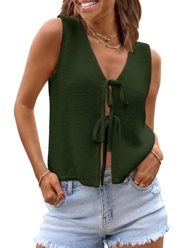LILLUSORY Womens Summer Tops Beach Vacation Spring Outfits Cute Y2K Trendy Sweater Vest 2026 Tank Tie Front Crochet Clothes Army Green S - Image 1