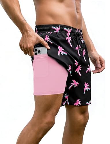 Arolina Swim Trunks Men with Compression Liner 7 Inch Zipper Pockets Swimwear Board Shorts Bathing Suits Palm Medium - Image 1