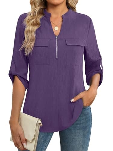 Funlingo Womens 3/4 Sleeve Tops Business Casual Zip Front V Neck Spring Tunic Blouses Dressy Flowy Work Shirt Professional Office Clothes Purple M - Image 1