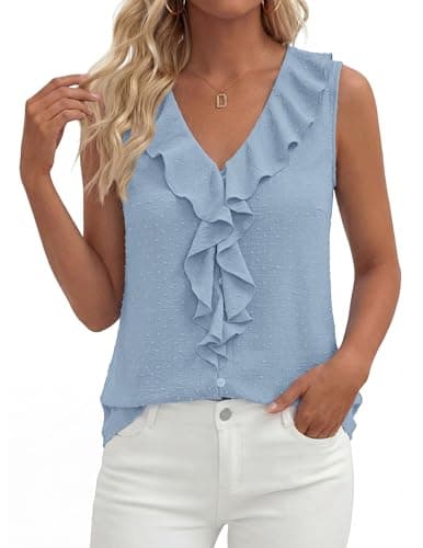 PRETTYGARDEN Tank Tops for Women 2026 Summer Fashion Sleeveless Ruffle Button Swiss Dot Dressy Casual Blouses Work Shirts (Light Blue,XX-Large) - Image 1