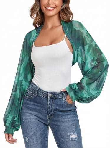 ZAFUL Open Front Cropped Bolero Cardigan for Women Bolero Shrugs for Evening Dress Strechy Crochet Knit Top (Green Floral S) - Image 1