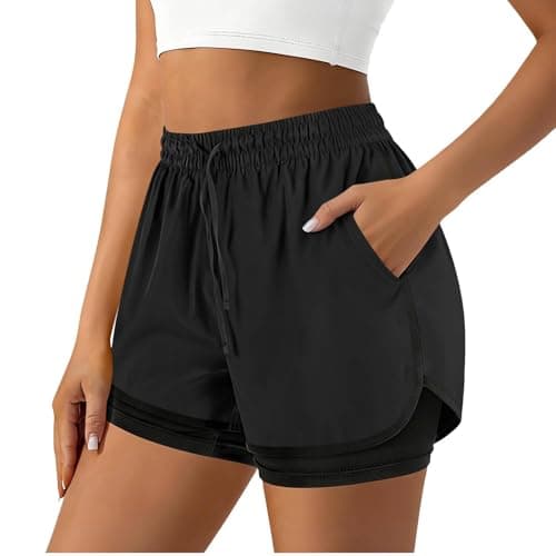 Drindf 2 in 1 Running Shorts for Women, 3 Inch Inseam High Waisted Drawstring Womens Short Shorts with Pockets, Breathable and Quick Dry for Workout,Gym,Running,Athletic,Black S