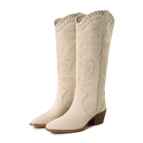 Reitoye Beige Cowboy Boots for Women Knee High Cowgirl Boots Embroidered Square Toe Chunky Low Heel Western Boot Pull On Wide Calf Country Boots Size 12 - Image 1