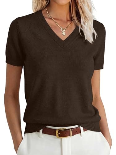 ANRABESS Women’s 100% Wool Sweater,Office Work V Neck Short Sleeve Sweaters ,Soft & Lightweight, Business Casual Tops Brown Large - Image 1