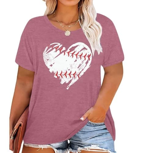 BLANCHES Plus Size Baseball Shirts Women Baseball Mom Tshirts Heart Graphic Softball Tee Game Day Short Sleeve Tops Pink