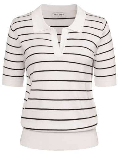 Kate Kasin Women Summer Striped Knitted Polo Sweaters Tops Short Sleeve Shirt Casual Pullover Sweater White Black XXL - Image 1