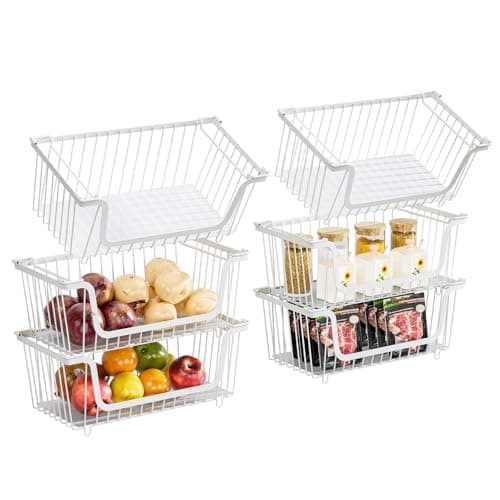 GAOKASE 6 Pcs Stackable Wire Baskets for Pantry Organizers and Storage,Vegetable Fruit Basket for Countertop,Kitchen Storage Metal Baskets,Produce Potato Onion Storage Bin,White