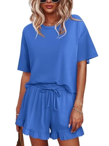 Tankaneo Womens Pajamas Set Lounge Sets Cropped Short Sleeve T Shirts Drawstring Ruffle Shorts Soft Sleepwear, Blue, X-Large - Image 1