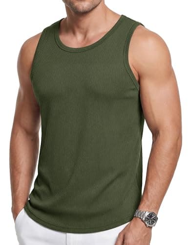Cotrasen Men's Ribbed Tank Tops Knit Sleeveless Shirts for Men Casual Fitness T Shirt Cut Off Gym Workout Muscle Tee ArmyGreen XL - Image 1