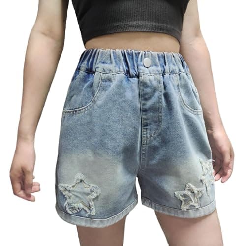 Curipeer Girls Embroidered Star Printed Denim Shorts High Waistband Jeans with Pockets Blue 11-12T - Image 1