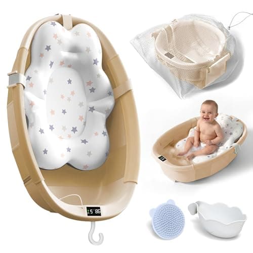 Collapsible Baby Bathtub - Large Baby Bath Tub with Thermometer | Bath Essential Bañera para Bebe Easy Fold Baby Tub | Travel Infant Newborn Toddler Bathtub for Baby Girl Boy 0 to 36 Months(Khaki)