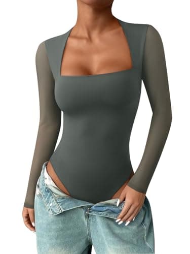 PINKMSTYLE Womens Sexy Square Neck Tops Sheer Mesh Long Sleeve Bodysuit Night Out Outfits Grey Green Small - Image 1