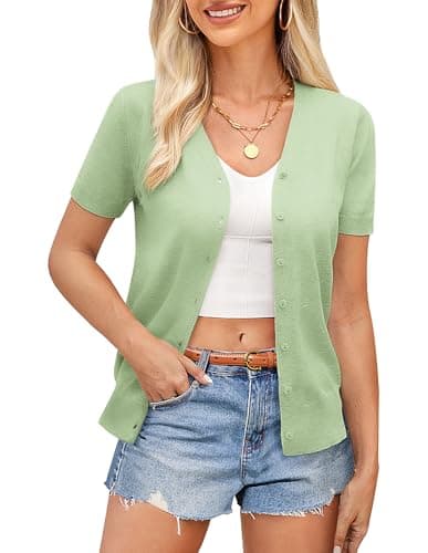 GRACE KARIN Women Green Cardigan Lightweight Short Sleeve Sweater Summer Fall Knit Outfits(Sage Green,M) - Image 1