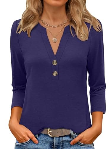 ANRABESS Women 3/4 Length Sleeve Henley Tops V Neck Business Casual Work T Shirts Cute Travel Shirt 2026 Spring Trendy Outfit Dark Blue Medium - Image 1