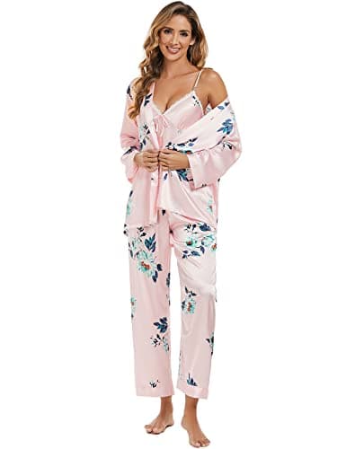 Escalier Women's Silk Satin Pajamas Set 3 Pcs Floral Silky Pj Sets Sleepwear Cami Nightwear with Robe and Pants Pink Floral L - Image 1