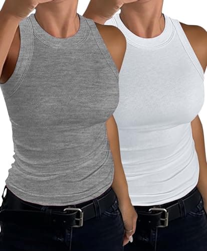 C.O.Z.Y Womens Tank Tops 2 Pack Ribbed Racerback Top Summer High Neck Sleeveless Shirts Slim Fit - Image 1