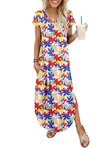 ANRABESS Womens Summer Maxi Dresses 2026 Casual Short Sleeve V Neck Loose Split Long Beach Sundress Travel Vacation Clothes Multicoloured Floral X-Large - Image 1