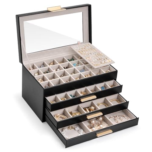 Lolalet Earring Storage Box Case with Glass Top, Large Earring Jewelry Holder Organizer Display with Drawer and Grid, Mothers Day Gifts -4 Tiers, Black - Image 1