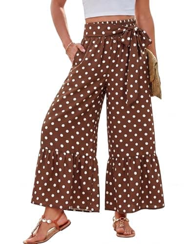 GRACE KARIN Womens Palazzo Pants High Waisted Printed Trousers Travel/Vacation/Beach Pants with Pockets Brown Polka Dot M - Image 1