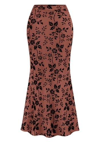 BTFBM Womens Floral Mesh Maxi Skirt 2026 Spring Summer Elastic High Waisted Boho Elegant Mermaid Long Skirts for Women(Brick Red, Large) - Image 1