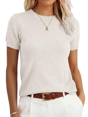 ANRABESS Womens 100% Wool Sweater, Office Work Sweaters, Soft Lightweight for Summer Spring, Short Sleeve Business Casual Top Beige X-Large - Image 1