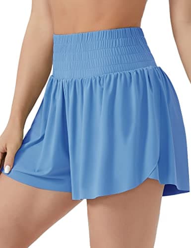 THE GYM PEOPLE Women's High Waisted Flowy Running Shorts 2 in 1 Athletic Workout Skirt Shorts Light Blue - Image 1