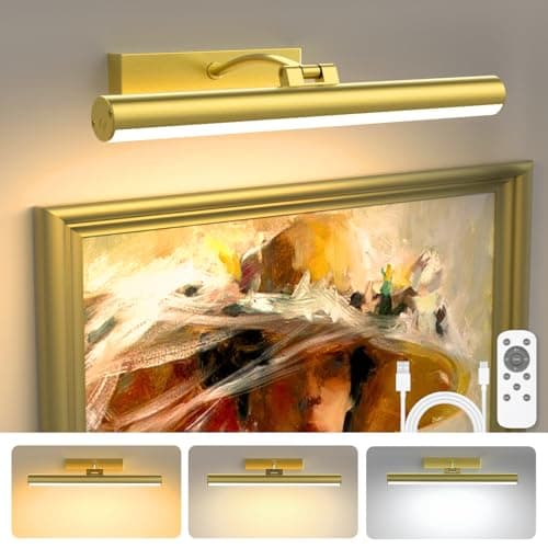 Bridika Picture Lights for Wall Battery Operated with Remote, 3 Color Modes and Dimmable Rechargeable Art Lights for Paintings, Gallery, Bedroom, Bathroom with Timer Gold 1 - Image 1