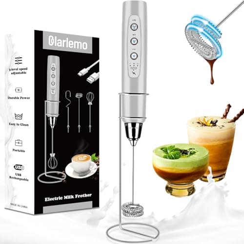 Colarlemo Milk Frother Handheld Rechargeable with Stand, Frother Wand Drink Mixer Electric Whisk for Coffee, Detachable With 3 Stainless Whisks, Hand Mixer for Lattes, Cappuccino, Matcha, Egg, Silver - Image 1