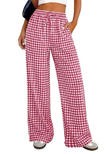 PRETTYGARDEN Gingham Pajama Pants Women Lightweight Summer Cotton PJ Bottoms Spring Wide Leg Palazzo Plaid Lounge Trousers (Red Plaid,Medium) - Image 1