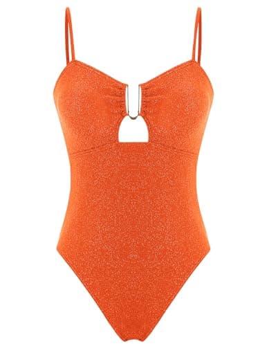 ZAFUL Womens Shimmer One Piece Bathing Suit Cutout Metallic Shiny 1 Piece Swimsuit High Leg Sparkly Swimwear Neo Orange XL - Image 1