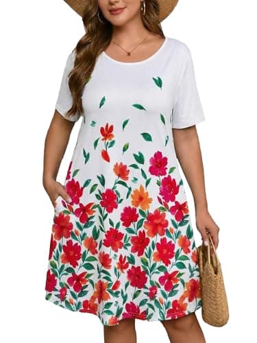 AusLook Plus Size Floral Midi Dress for Women Casual Summer Short Sleeve A Line Swing 5X Dress with Pockets Round Neck Flowy Knee Length T Shirt Vacation Beach Sundress - Image 1