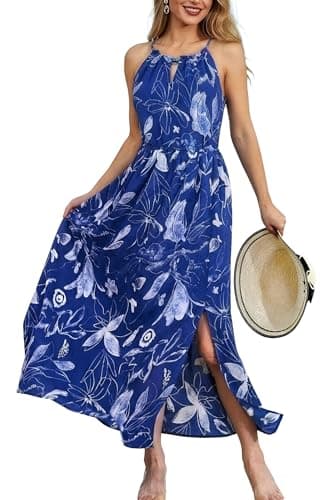 Lesuxa Womens Summer Maxi Dress, Boho Floral Cutout Slit Backless Beach Long Flowy Dresses, Casual Vacation Party Outfits for Wedding Guest,Daily, Photograph, Family,Gathering Blue Medium - Image 1