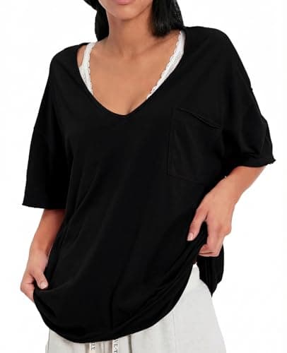 Gnveub V Neck T Shirts for Women Casual Summer Basic Tops Solid Color Loose Fit Outfits with Pocket(Black,S)