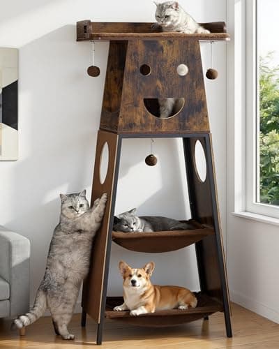 Feliskyn Modern Wood Cat Tree for Indoor Cats, 56 Inch Tall Cat Tower with Hammock, Multi-Level Trees with Perch Bed, 2 Hammock, Cat Condo, Scratching Board, Removable Pad, Cat Furniture, Rustic Brown - Image 1