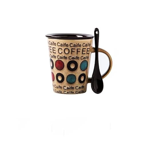 Tvvtuww Ceramic Coffee Cup with Spoon and Lid, 12 oz Coffee Mug, Microwave Dishwasher Safe, Cup for Latte, Hot Tea, Cappuccino, Farmhouse Mug Novelty Rustic Glaze Cup, Christmas Gift Letter Khaki - Image 1