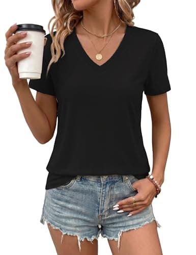 LaGracia Women's Cotton T Shirt V-Neck Short Sleeve Shirt Classic-Fit Casual Breathable Tee Summer Basic Tops Black 2XL - Image 1