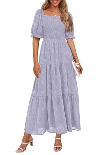 PRETTYGARDEN Women's 2026 Summer Casual Midi Dresses Square Neck Short Sleeve Smocked A Line Floral Flowy Elegant Boho Dress (Grey Blue,Medium) - Image 1