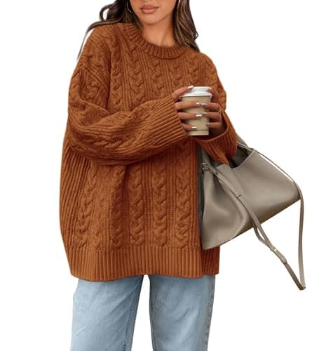 Okiwam Women's Oversized Sweaters Crewneck Cable Knit Pullover Casual Loose Fall Outfits Spring Fashion Clothes 2026-M Brick Red - Image 1