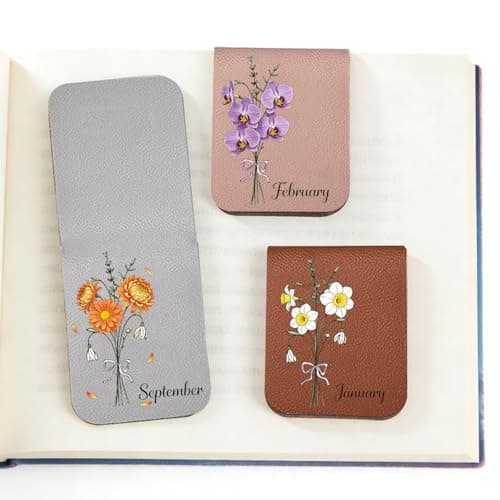 Graduation Gift Personalized Leather Magnetic Bookmark with Birth Flower & Custom Name - Handmade PU Leather Bookmark Clip for Readers, Unique Graduation Gift for Women & Men (1 Pack) - Image 1
