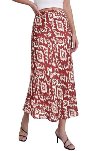 BTFBM Satin Skirts for Women 2025 Fall High Waisted A-Line Leopard Print Cocktail Wedding Long Silk Summer Midi Skirt(Floral Brown Red, Medium) - Image 1