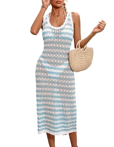 BreathSunny Womens Crochet Knit Beach Bikini Striped Cover Up Dress Summer Sleeveless 2026 Bathing Suit Coverups Dresses White+Blue L - Image 1