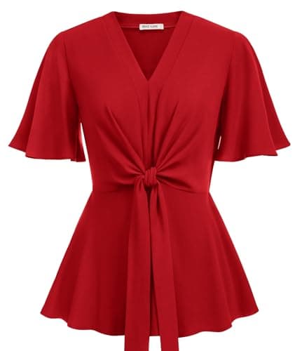 Womens Red Peplum Tops V Neck Bell Sleeve Tops Tie Front Elegant Work Blouses XL - Image 1