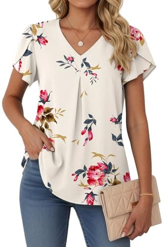 Lepunuo Floral Womens Blouses Dressy Casual Trendy Summer Tops 2026 Formal Boho Cap Sleeve V Neck Shirts - Image 1