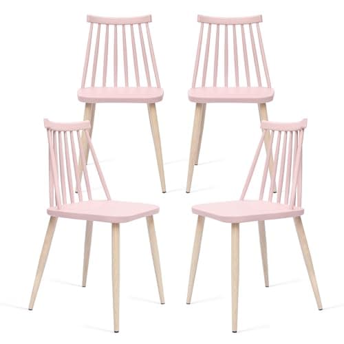 Xdeco Contemporary Windsor Design Plastic Dining Chair, Living Room Chair, Patio Chair, Armless Chair with Wood Texture, for Home, Office, Kitchen, Dining Room, Set of 4 (Pink) - Image 1