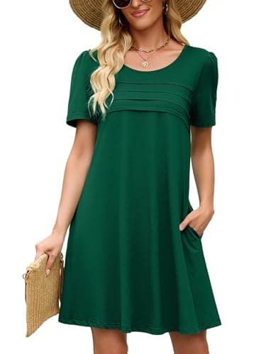 Heymoments Women Short Sleeve Dress Green X-Large Plus Size Crewneck Casual Flowy Above Knee Length Sundress Comfortable Shirt Work Summer Vacation Cheap Dresses with Pockets - Image 1