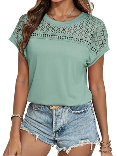 Glamaker Womens Tshirts Summer Casual Tops Trendy Cap Sleeve Lack Crewneck Knitted Dressy Fashion Tee Shirts Blusas Green M - Image 1