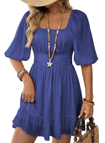 Dokotoo Square Neck Summer Dresses for Women 2026 Shirred Elastic Waist Tie Backless Blue Dress Lantern Sleeve Ruffle A-Line Sexy Dresses Casual Mini Dress Medium - Image 1